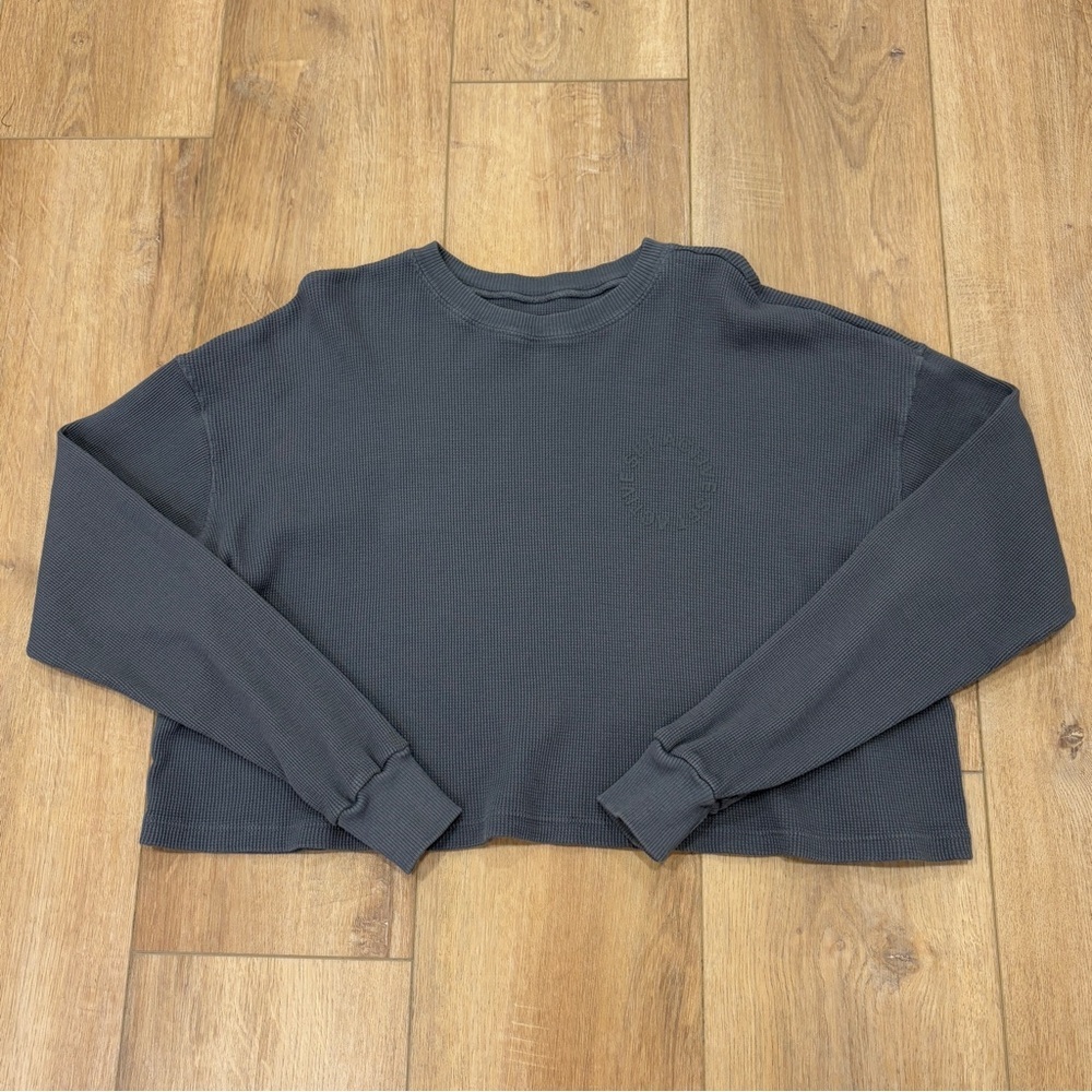 🌟SET ACTIVE🌟 LONG SLEEVE WAFFLE KNIT CROPPED T SHIRT TOP LOGO GRAY SZ XS